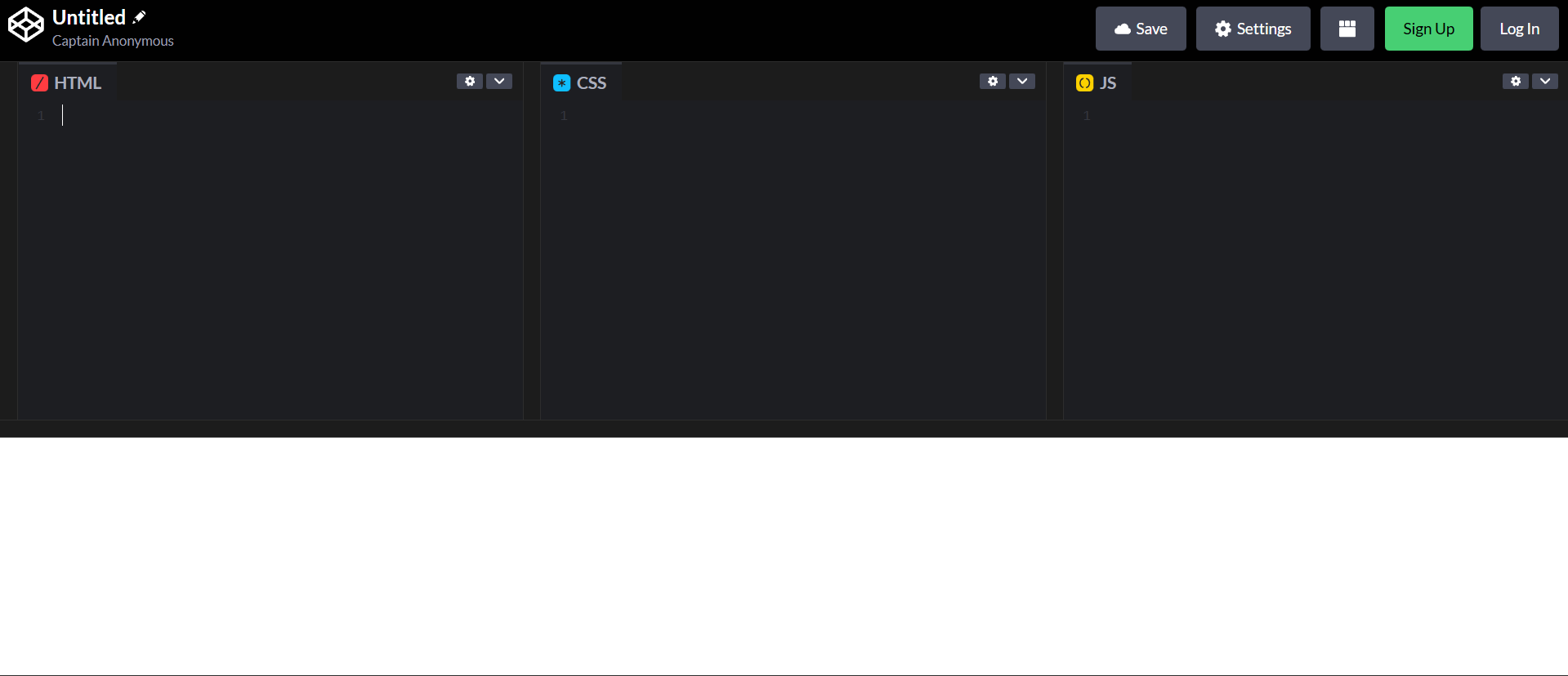 CodePenのがめん（HTML・CSS・JSの3つが見える）